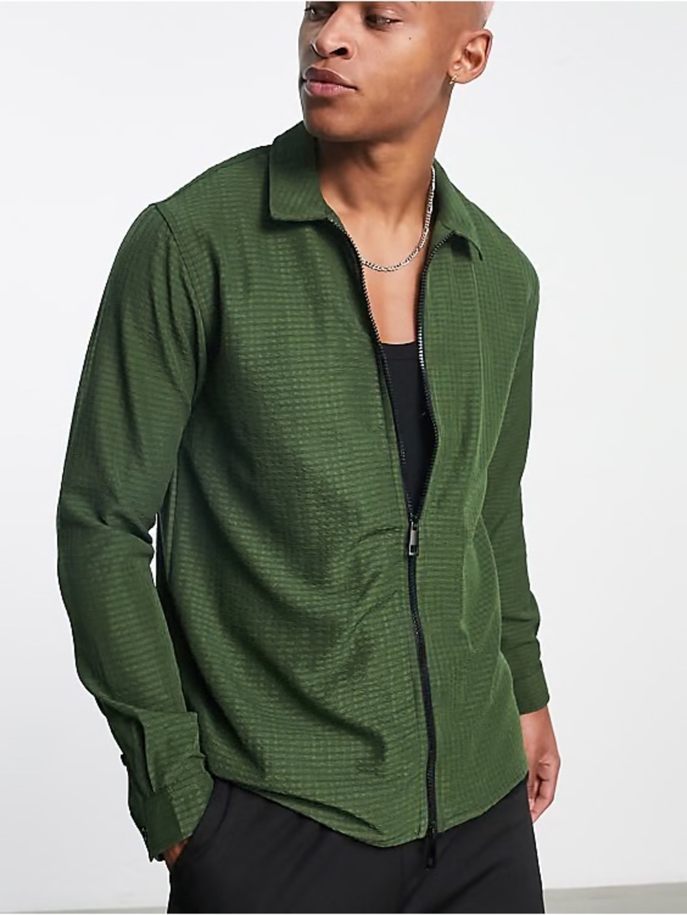 Bolongaro Trevor Seersucker Zip Up Shirt Jacket Shacket Mens M Green Minimal